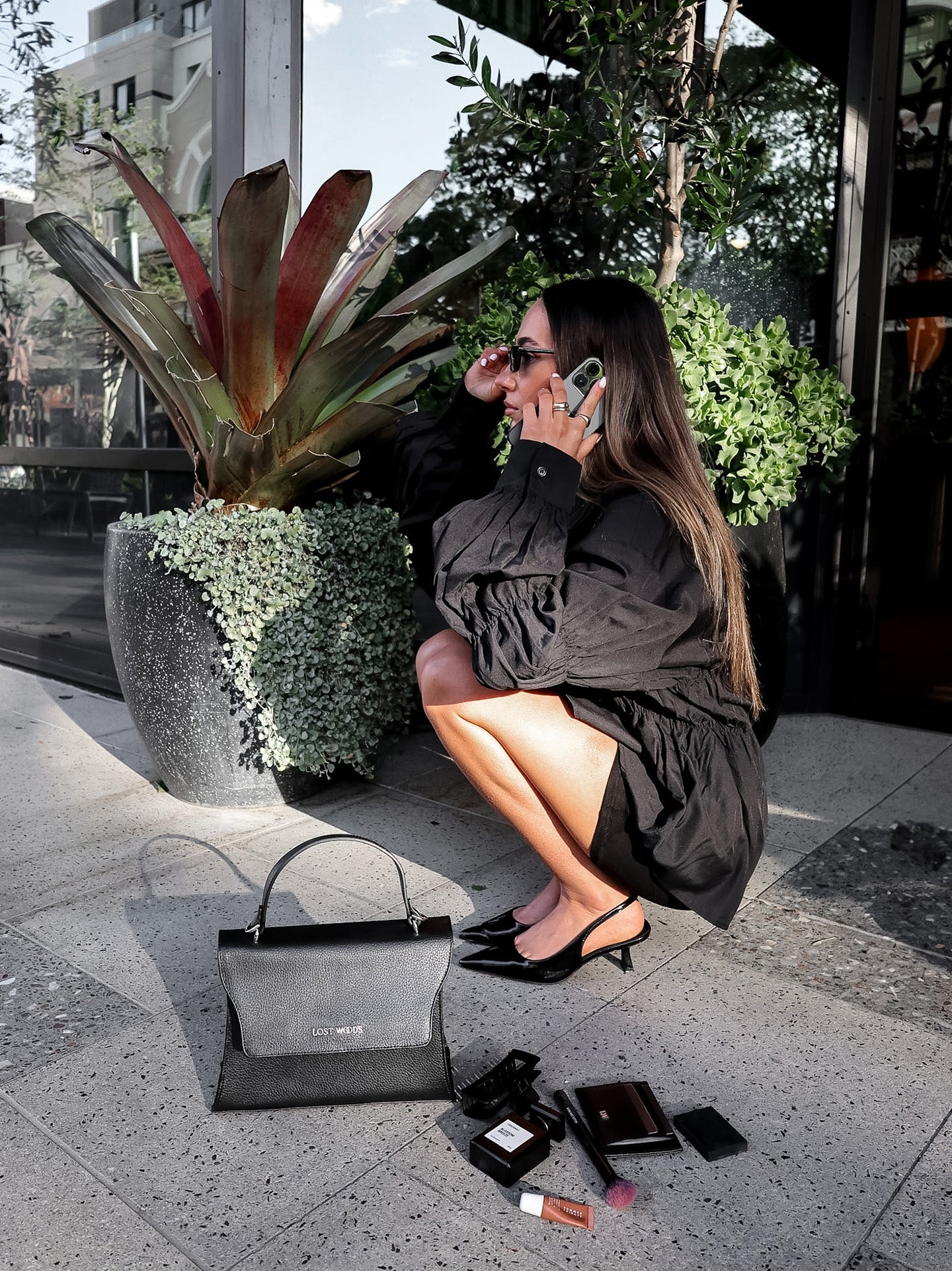 Ivy Top Handle Bag in Black & Silver