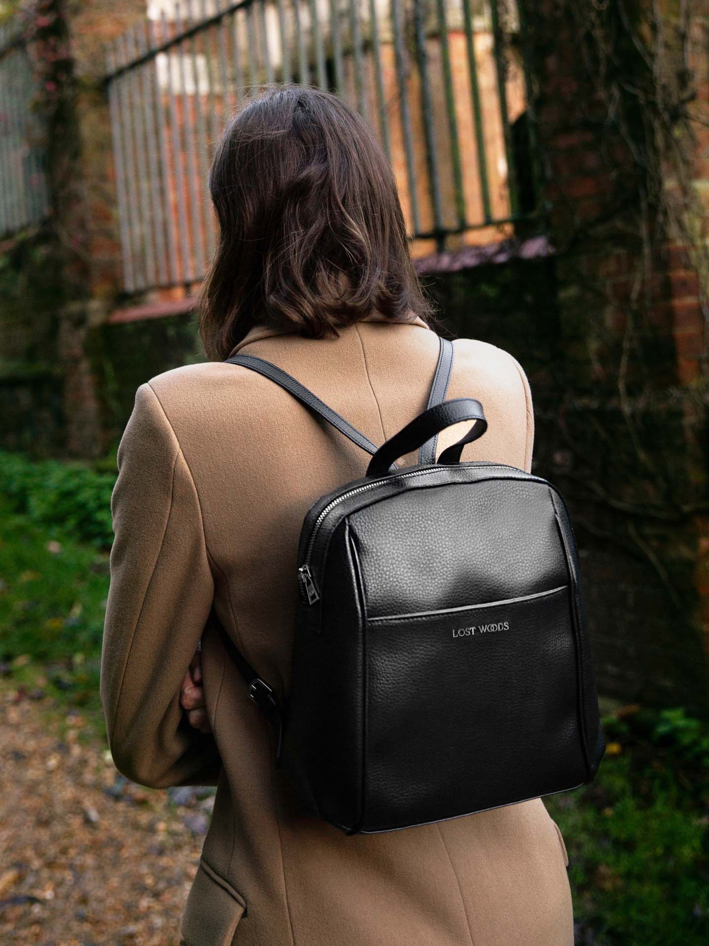 lost woods hazel black silver sustainable vegan leather backpack campaign 3